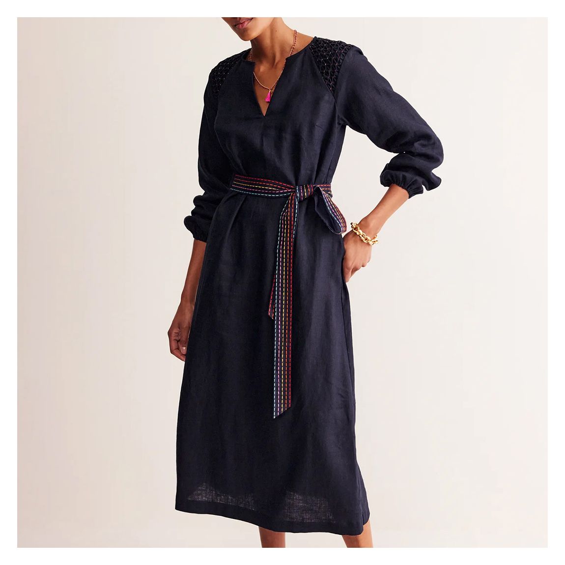 Navy Linen Smocked Midi Dress main product photo