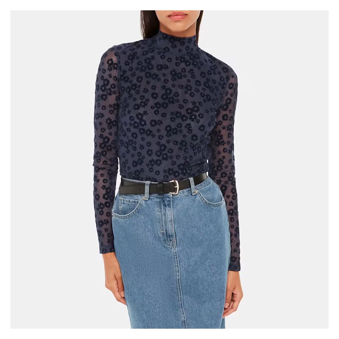 Navy Flower High Neck Mesh Top main product photo