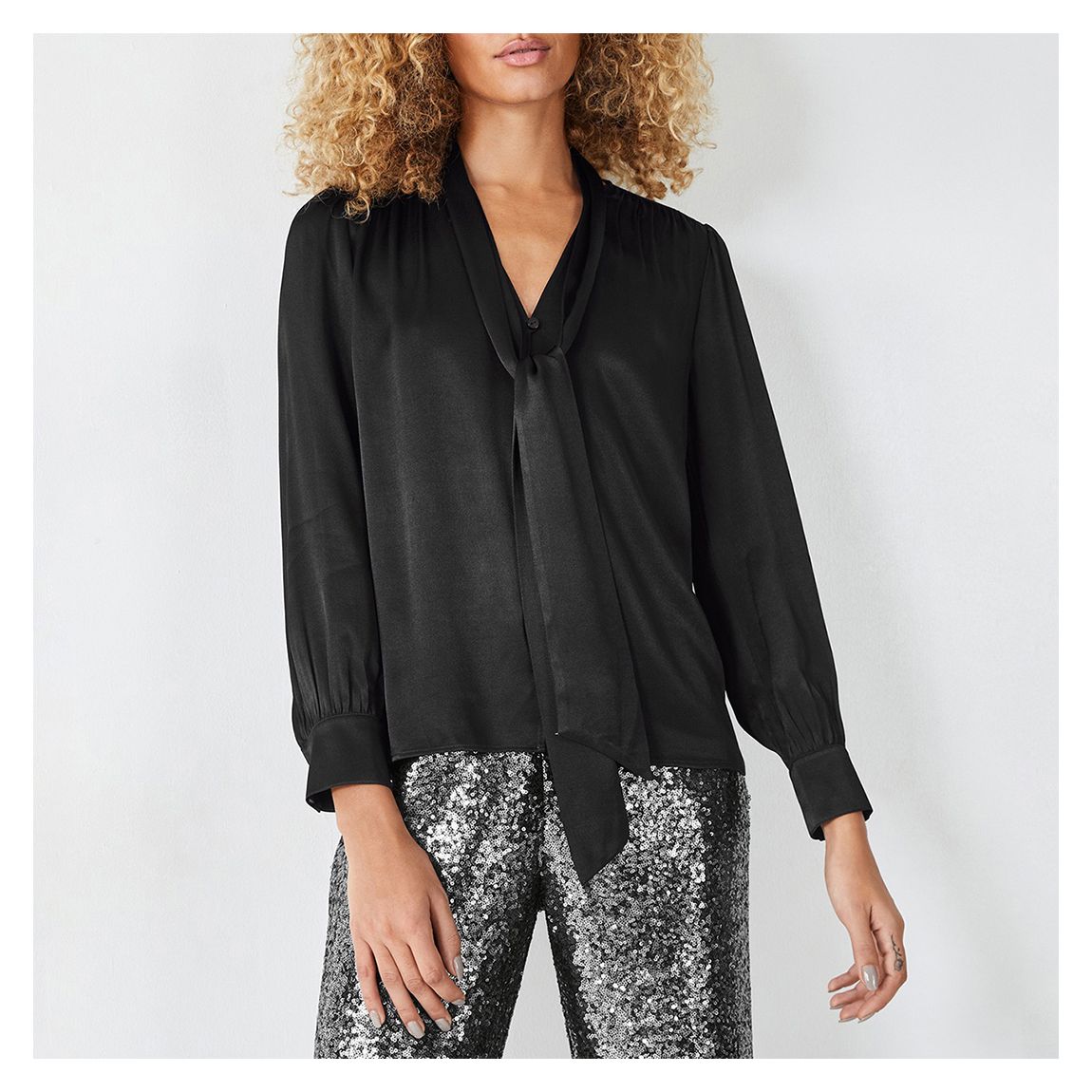 Black Priscilla Satin Tie Blouse main product photo