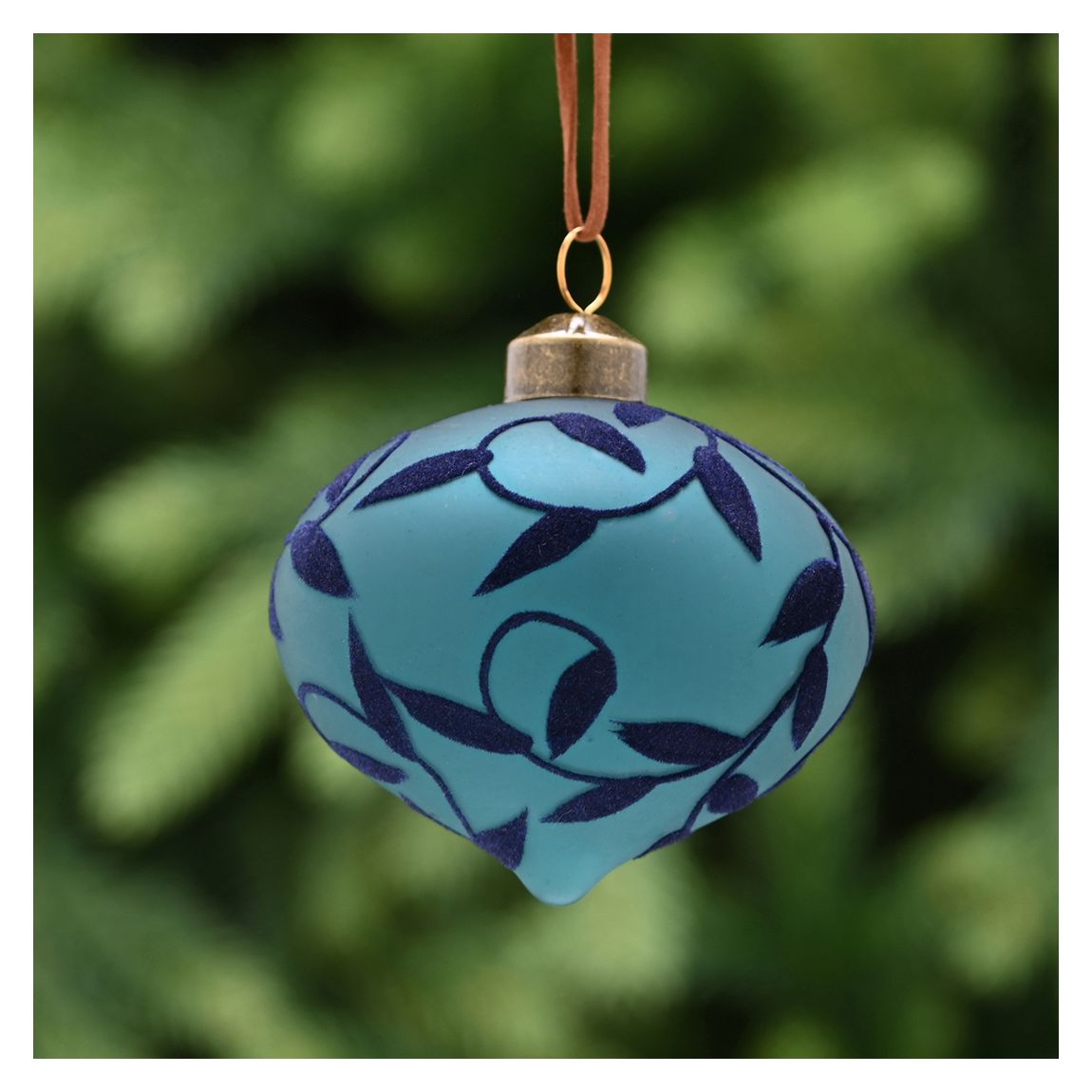 8cm Blue Glass Onion With Flock Leaves Bauble main product photo