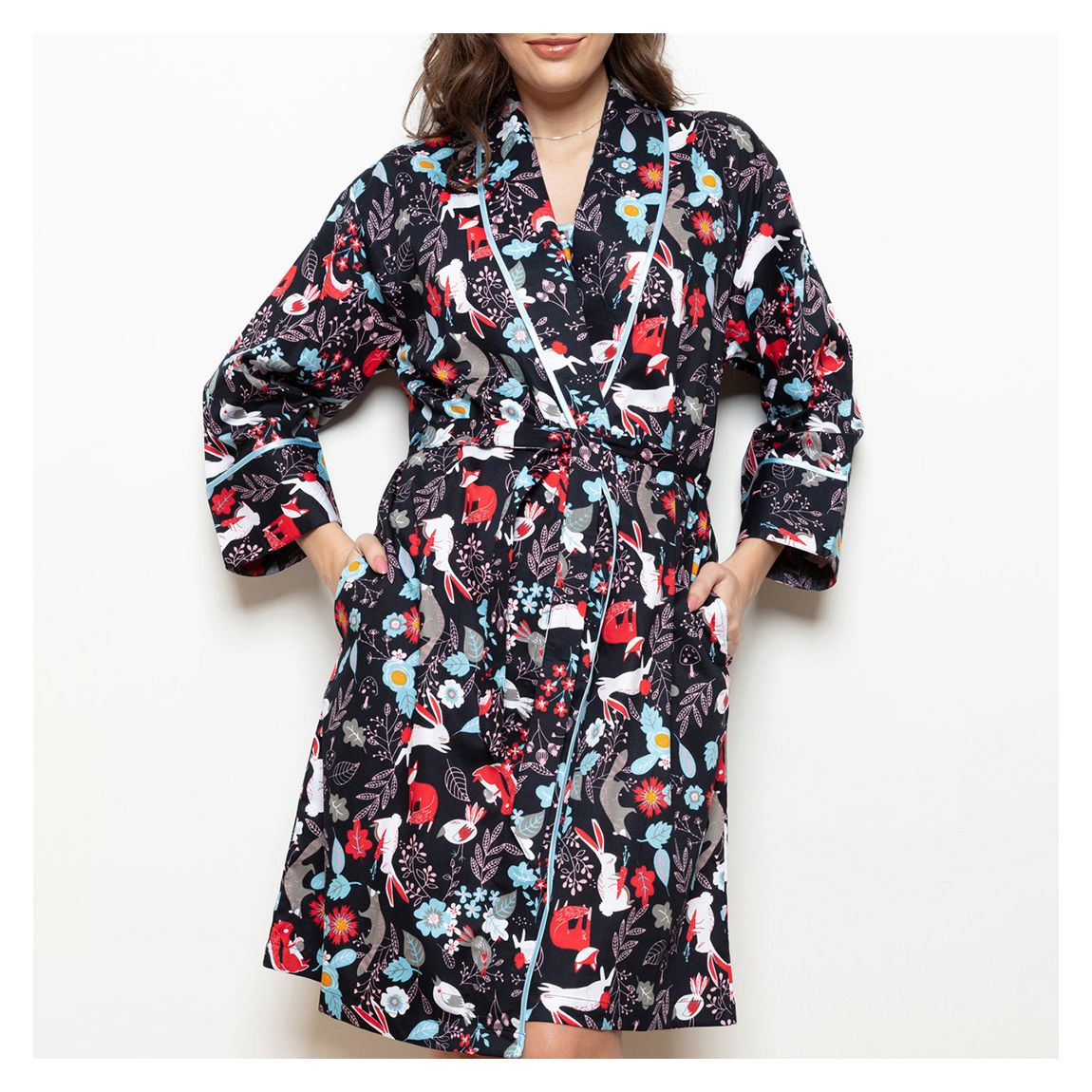 Navy & Red Super Cotton Sateen Woodland Grace Shawl Robe main product photo