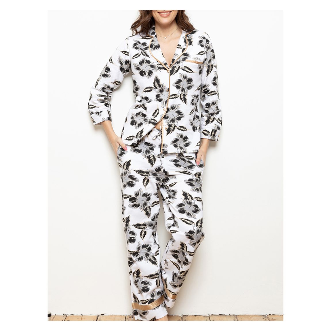 White & Mocha Hibiscus Brushed Cotton Pyjama Set main product photo