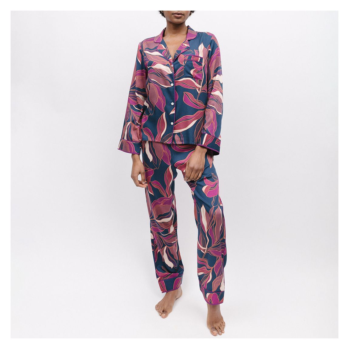 Navy Southbank Leaf Print Pyjama Set main product photo