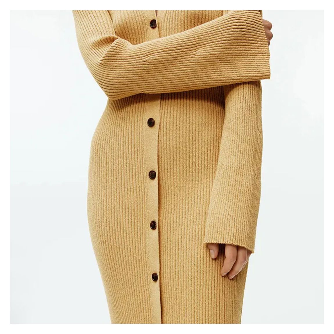 Mustard Button Down Rib Knit Midi Dress main product photo
