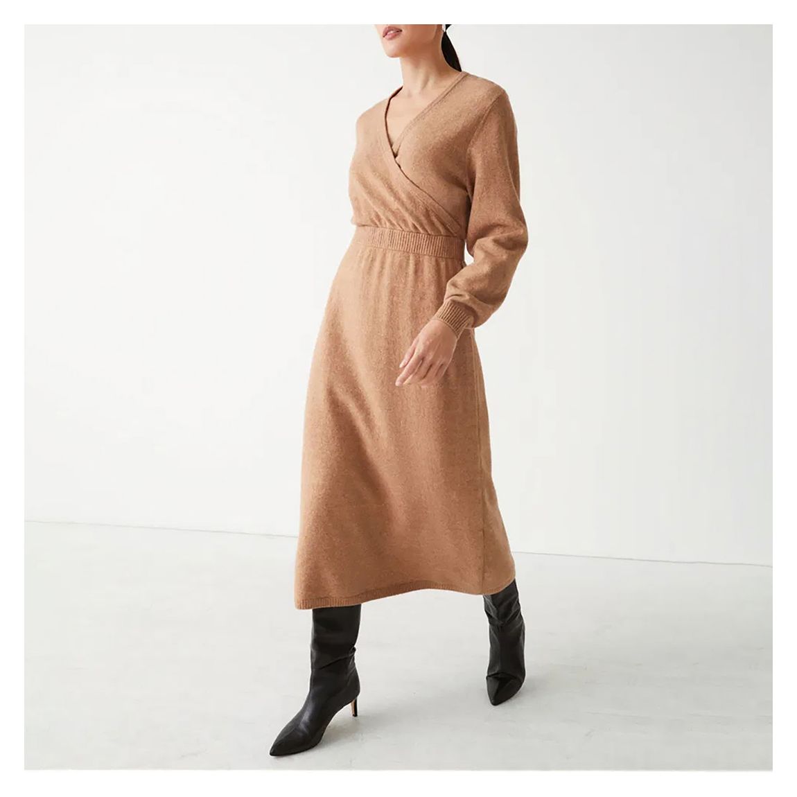 Camel Knitted Wrap Midi Dress main product photo