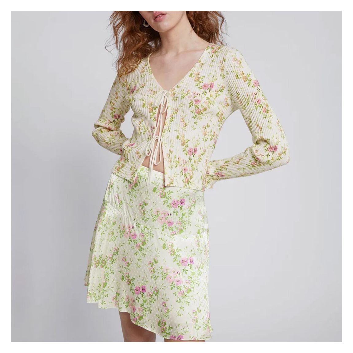 Cream Printed Ribbed Tie Cardigan main product photo