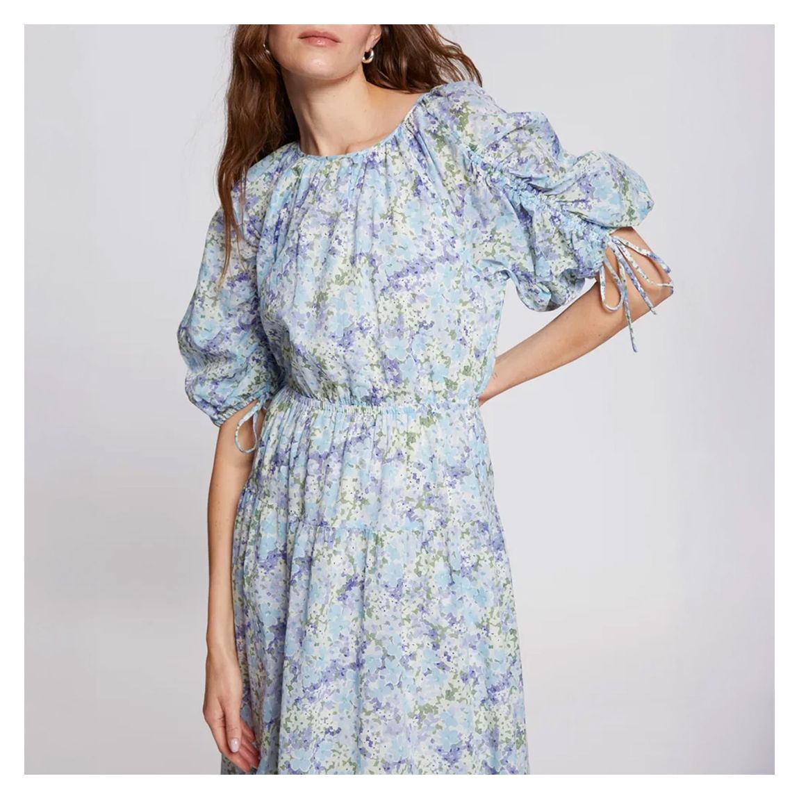 Baby Blue Printed Gathered Midi Dress main product photo