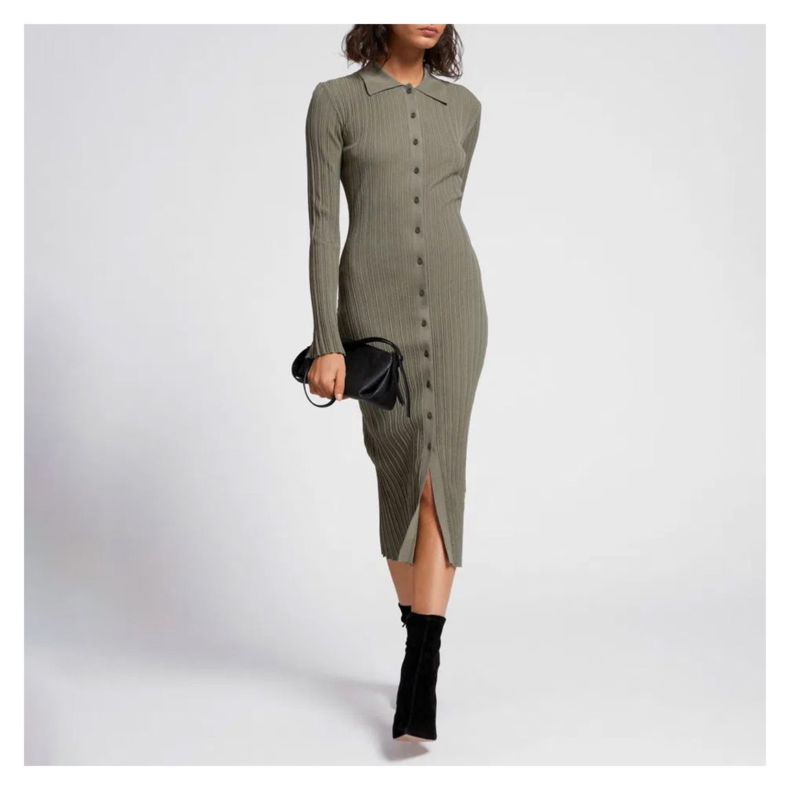 Khaki Fitted Midi Ribbed Shirt Dress main product photo