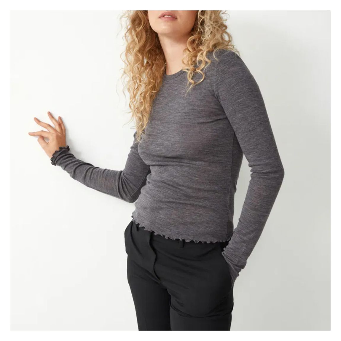 Grey Wool Blend Frill Hem Top main product photo