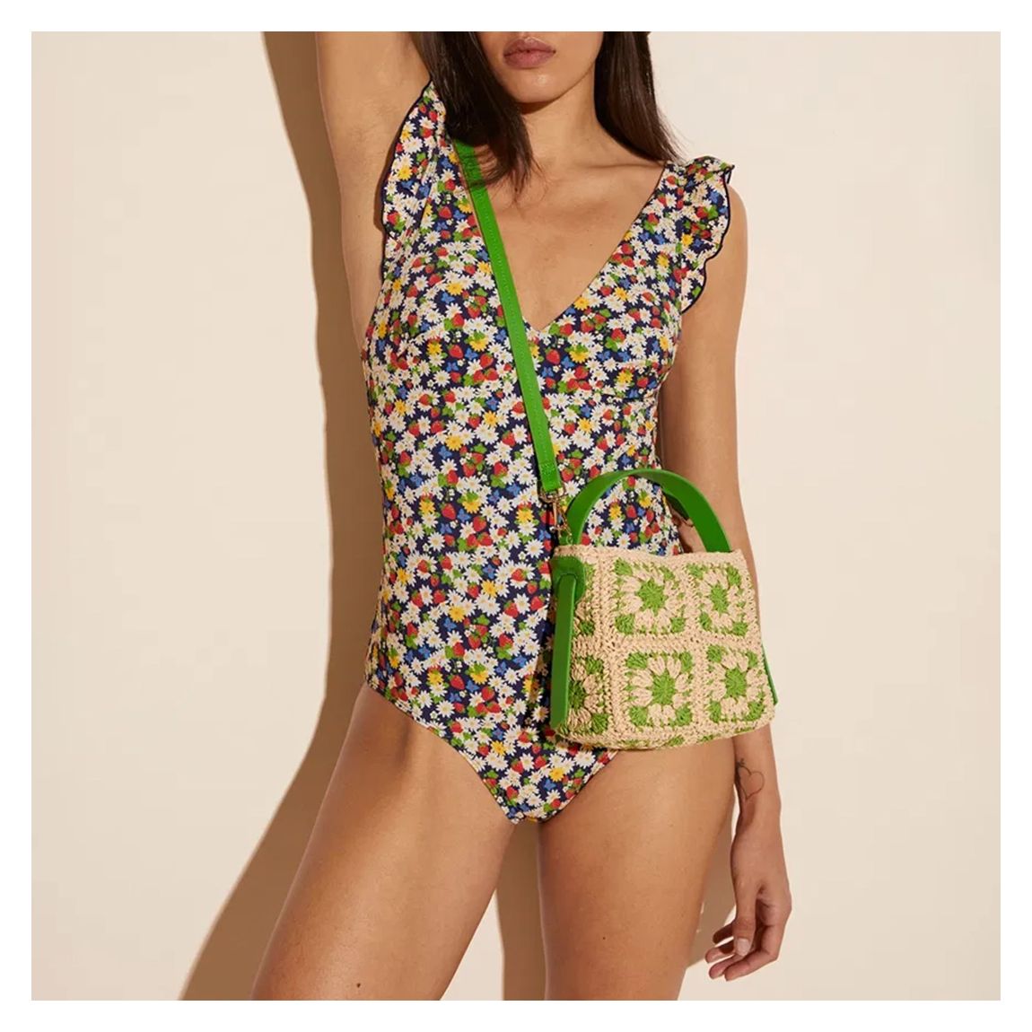 Blue Printed Frill Trim Swimsuit main product photo