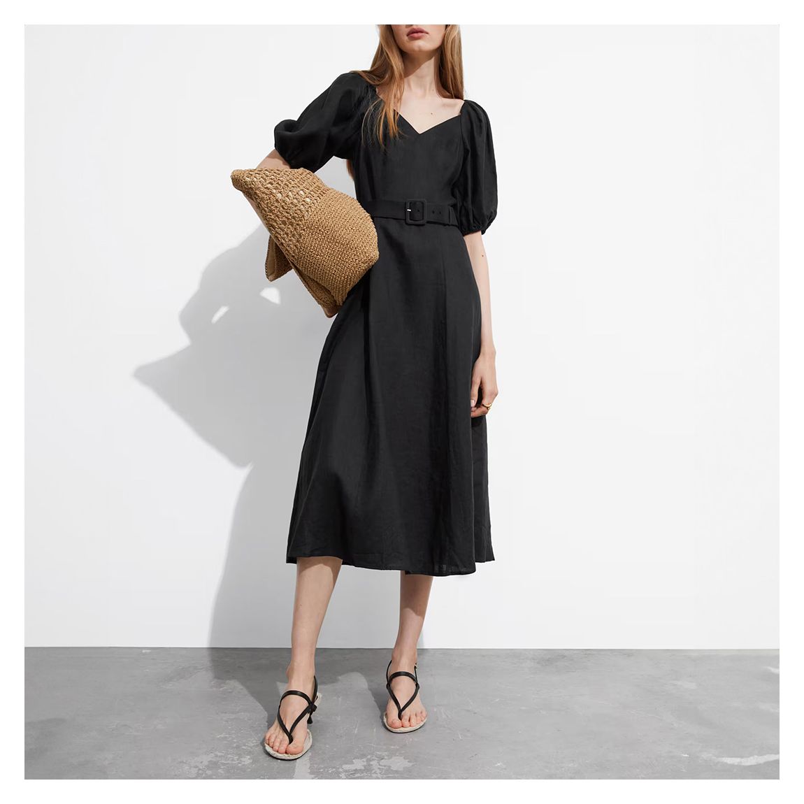 Black Puff Sleeve Linen Midi Dress main product photo