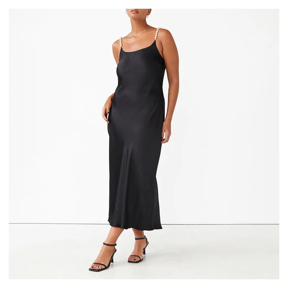 Black Satin Pearl Strap Midi Dress main product photo