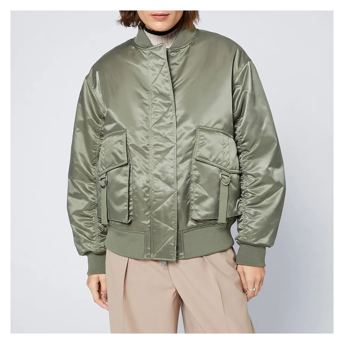 Khaki Oversized Satin Bomber Jacket main product photo