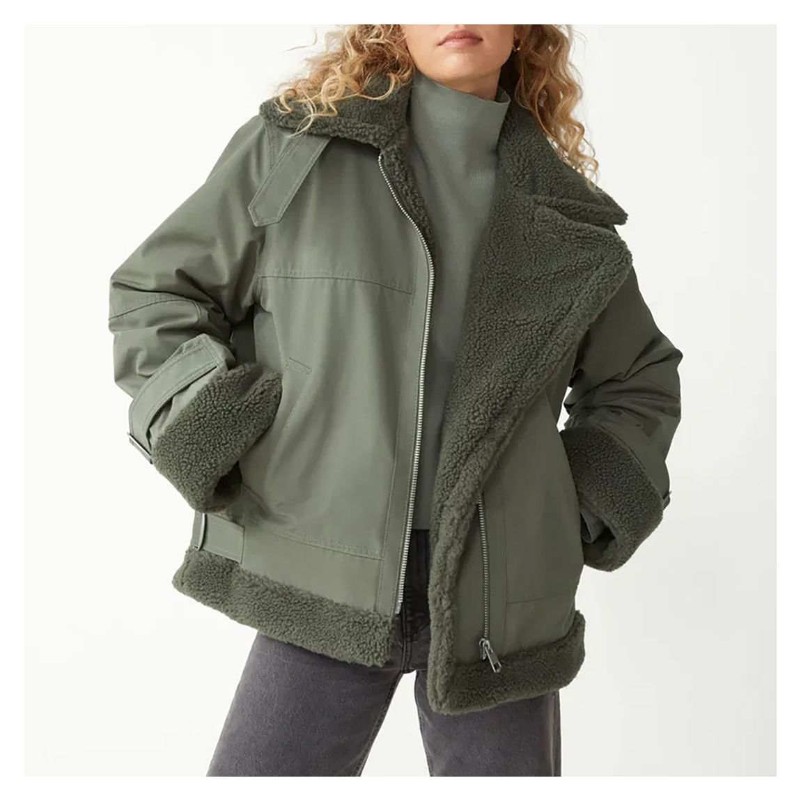 Khaki Aviator Wool Blend Shearling Jacket main product photo