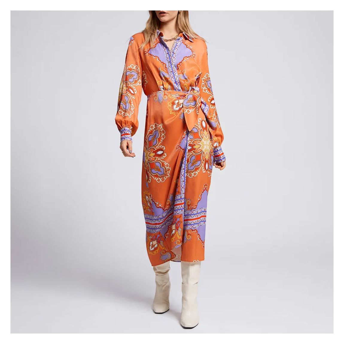 Orange Faux Wrap Midi Shirt Dress main product photo
