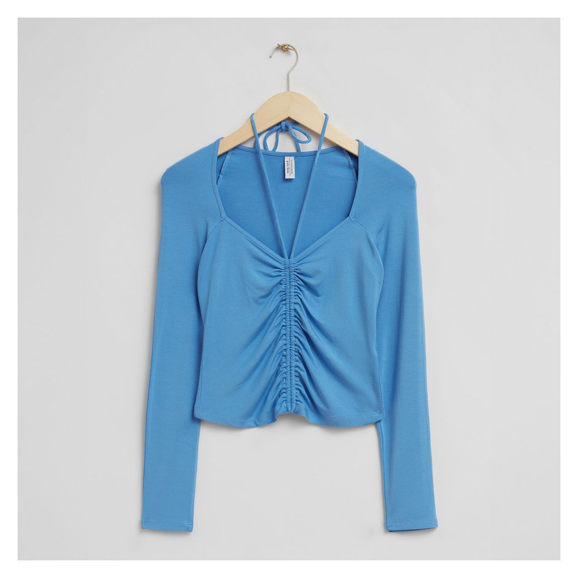 Light Blue Fitted Drawstring Neck Gathered Top main product photo