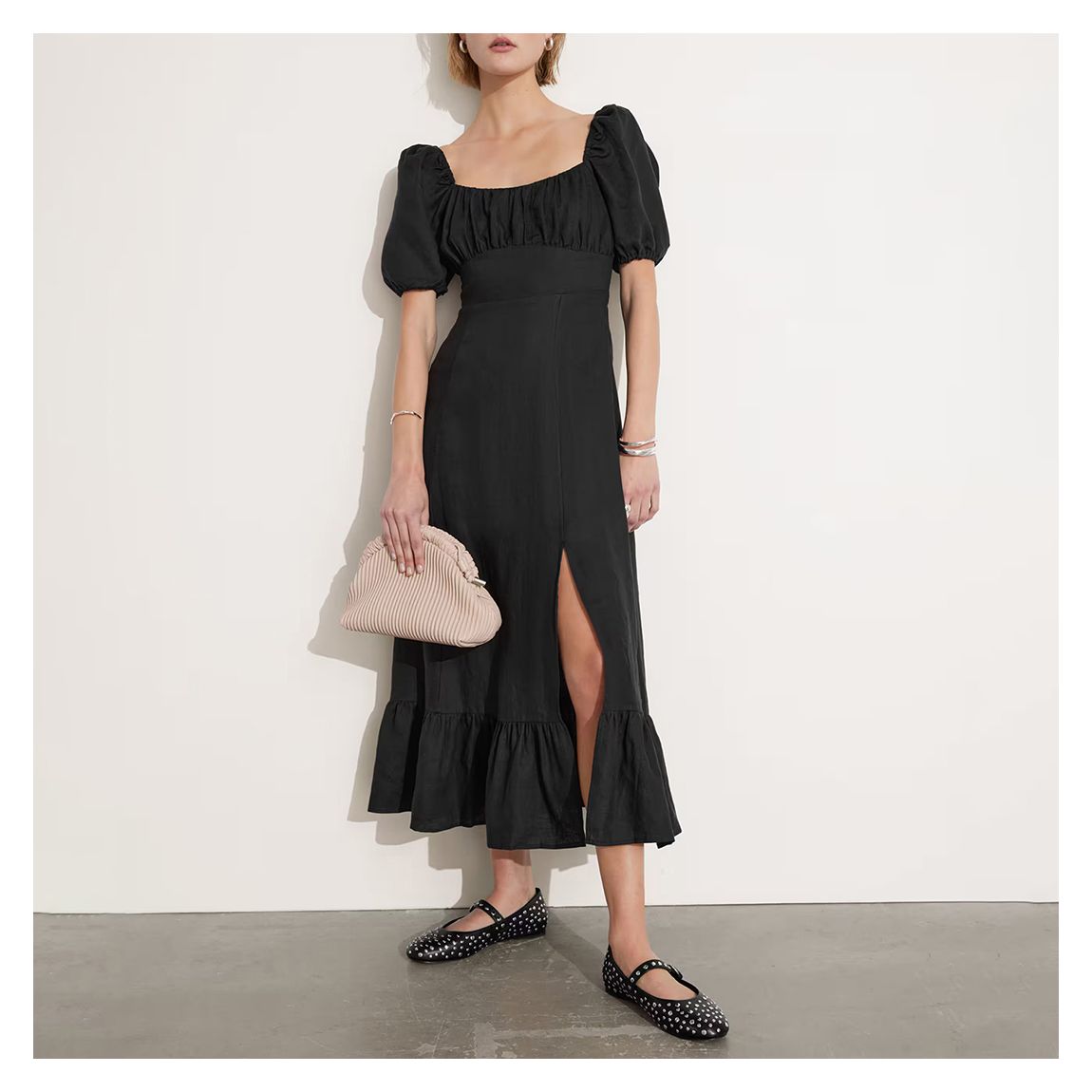 Black Puff Sleeve Linen Midi Dress main product photo