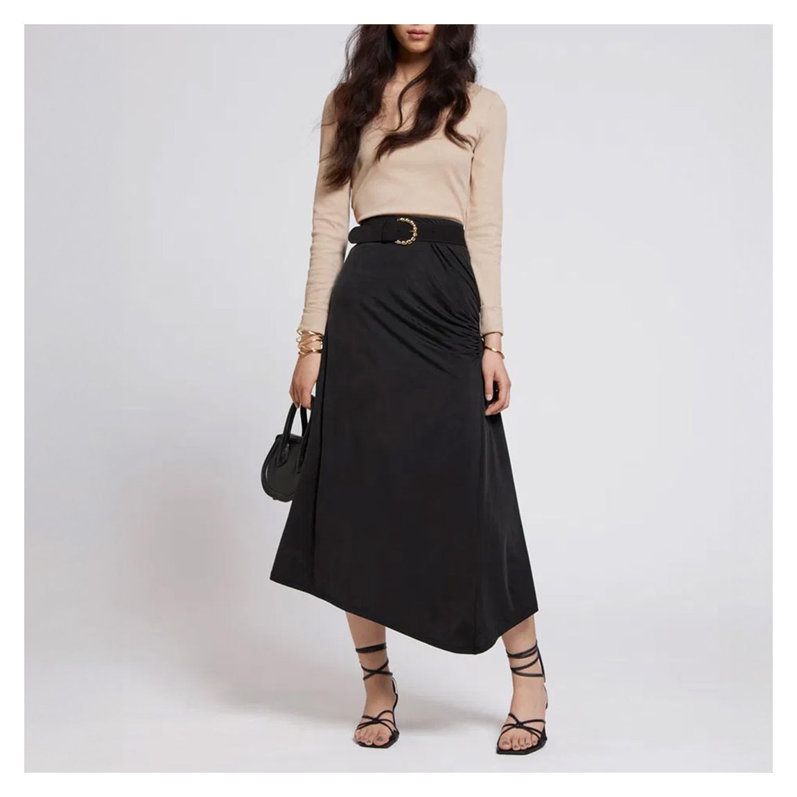 Black Draped Stretch Midi Skirt main product photo