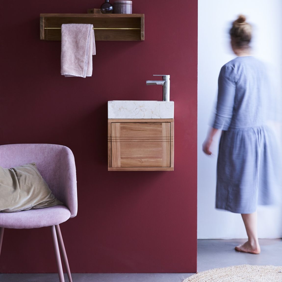 Basic - Solid teak washstand with cream marble basin main product photo