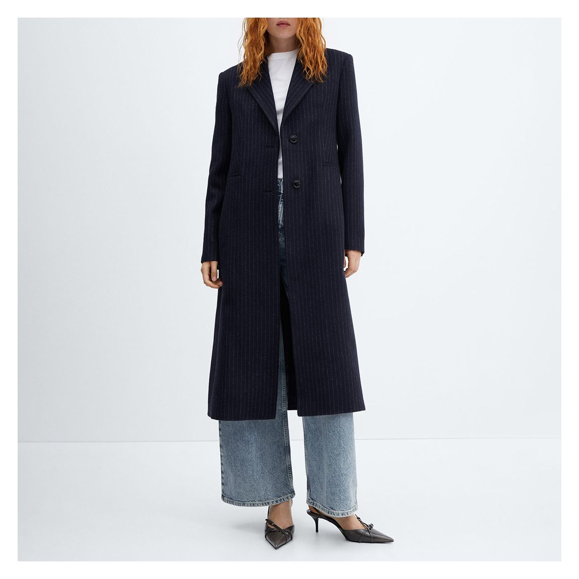 Navy Pinstripe Wool Coat main product photo