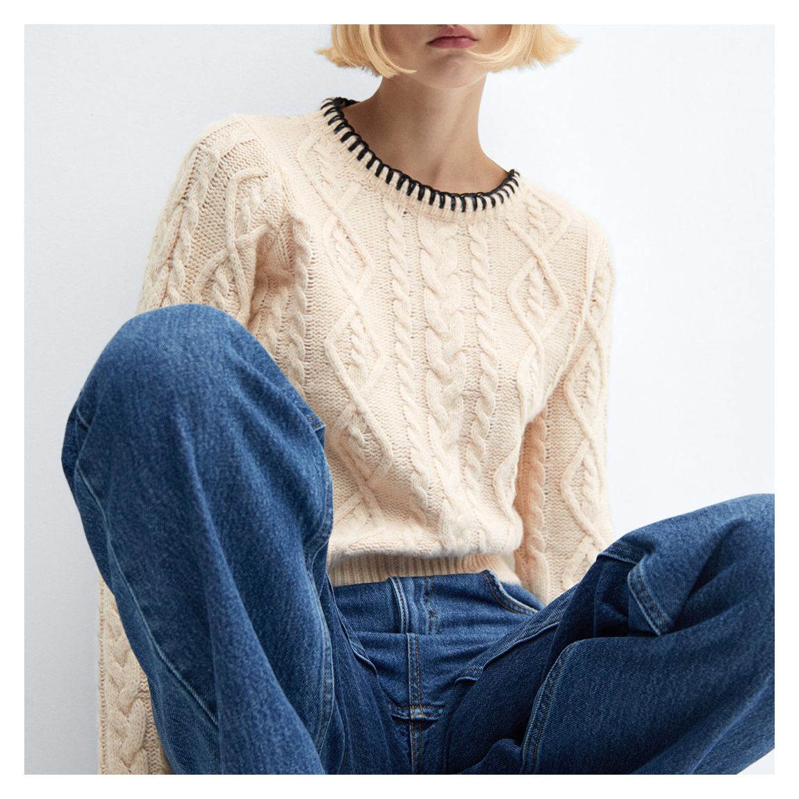 Beige Cable-Knit Jumper With Contrasting Trim main product photo