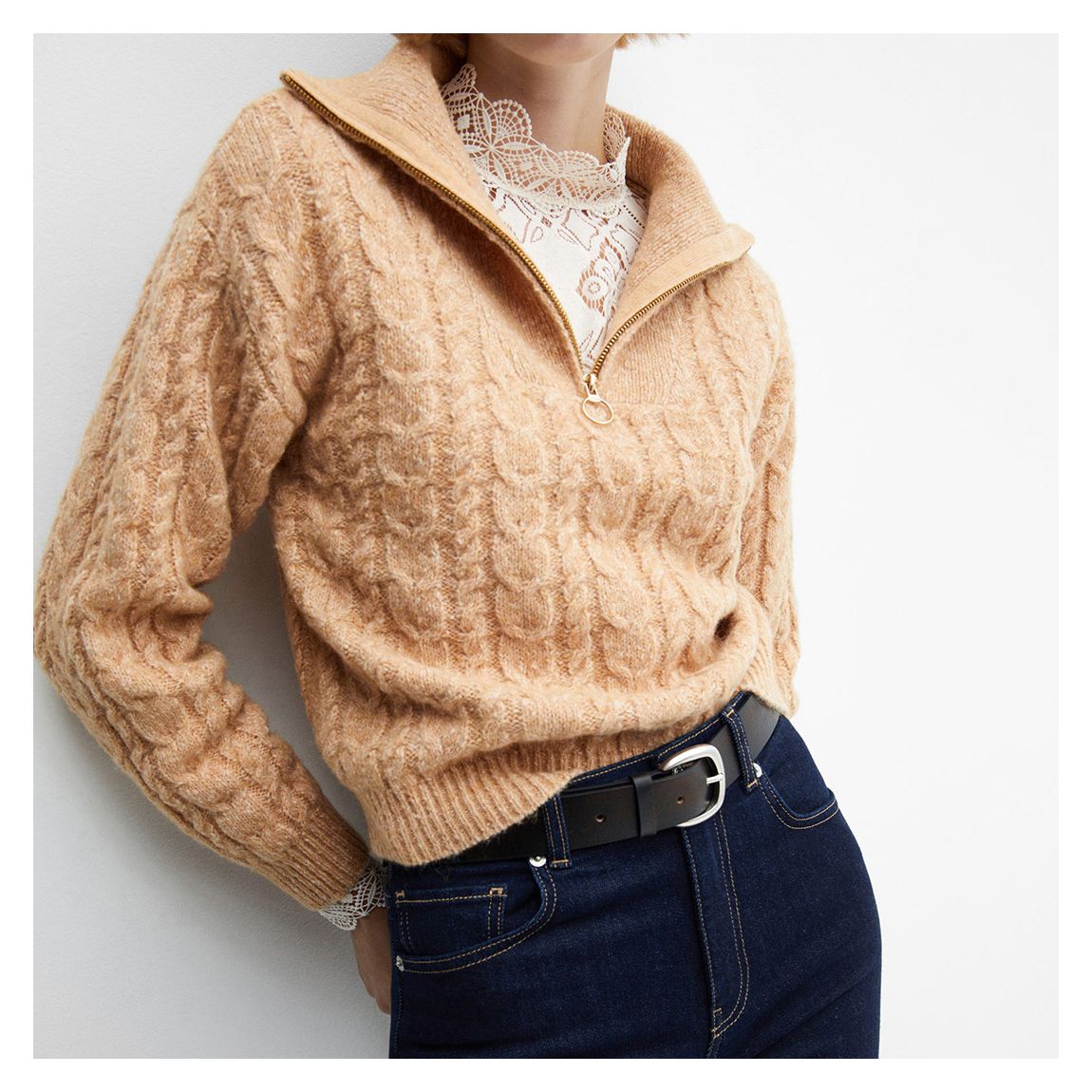 Brown Cable-Knit Zip-Neck Jumper main product photo
