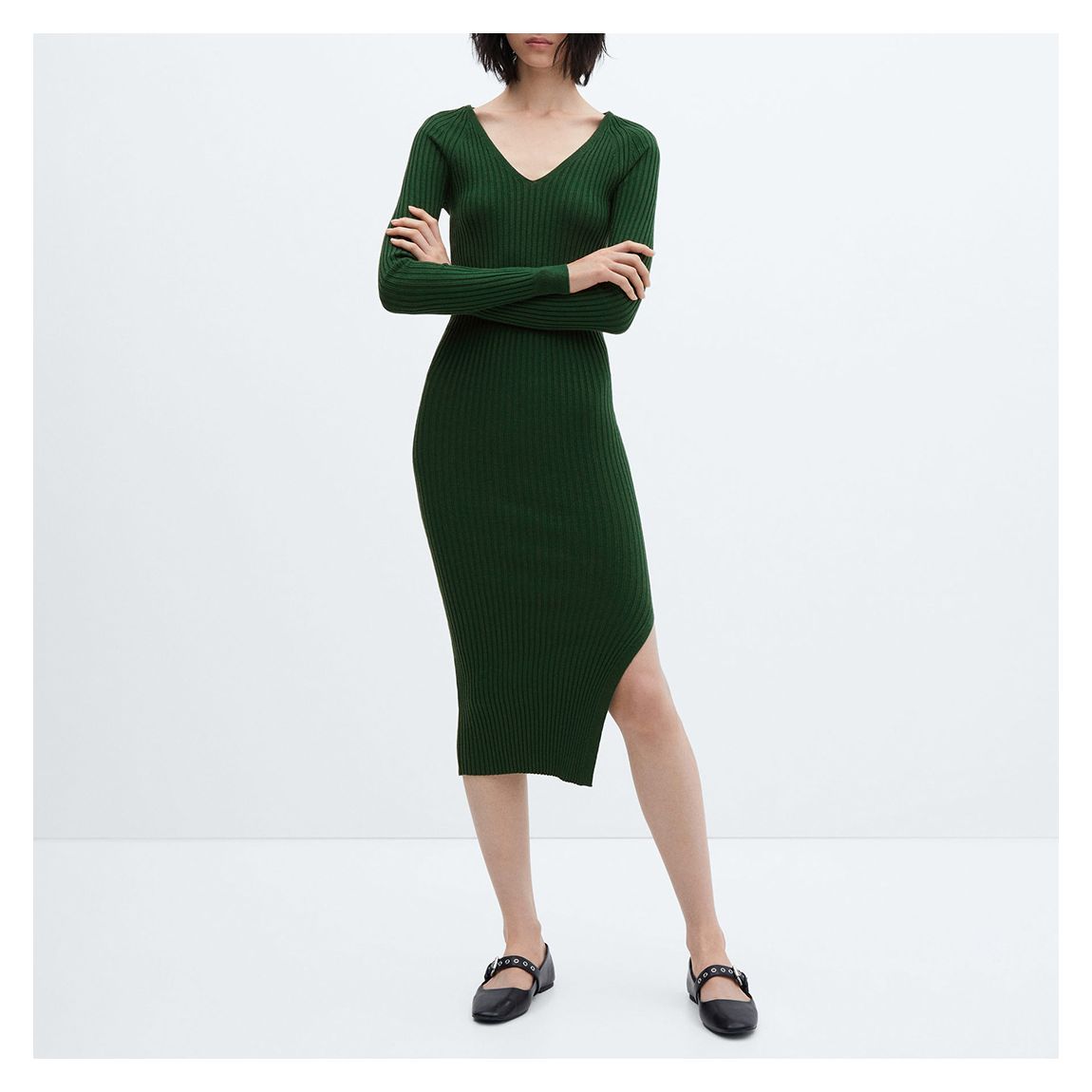 Green Ribbed V-Neck Dress main product photo