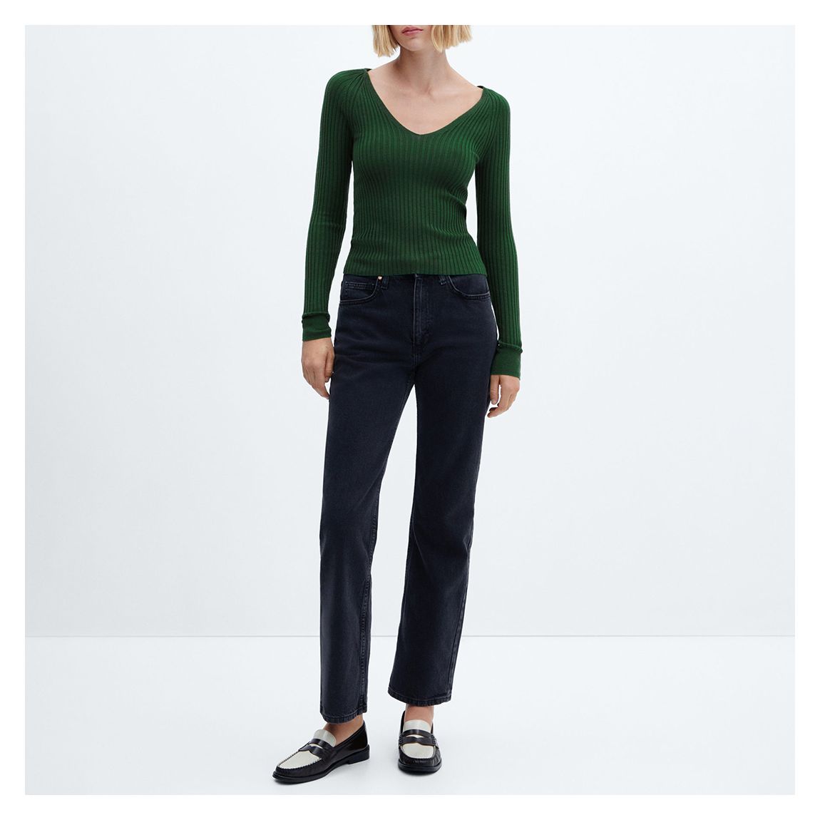 Green V-Neck Ribbed Knit Jumper main product photo