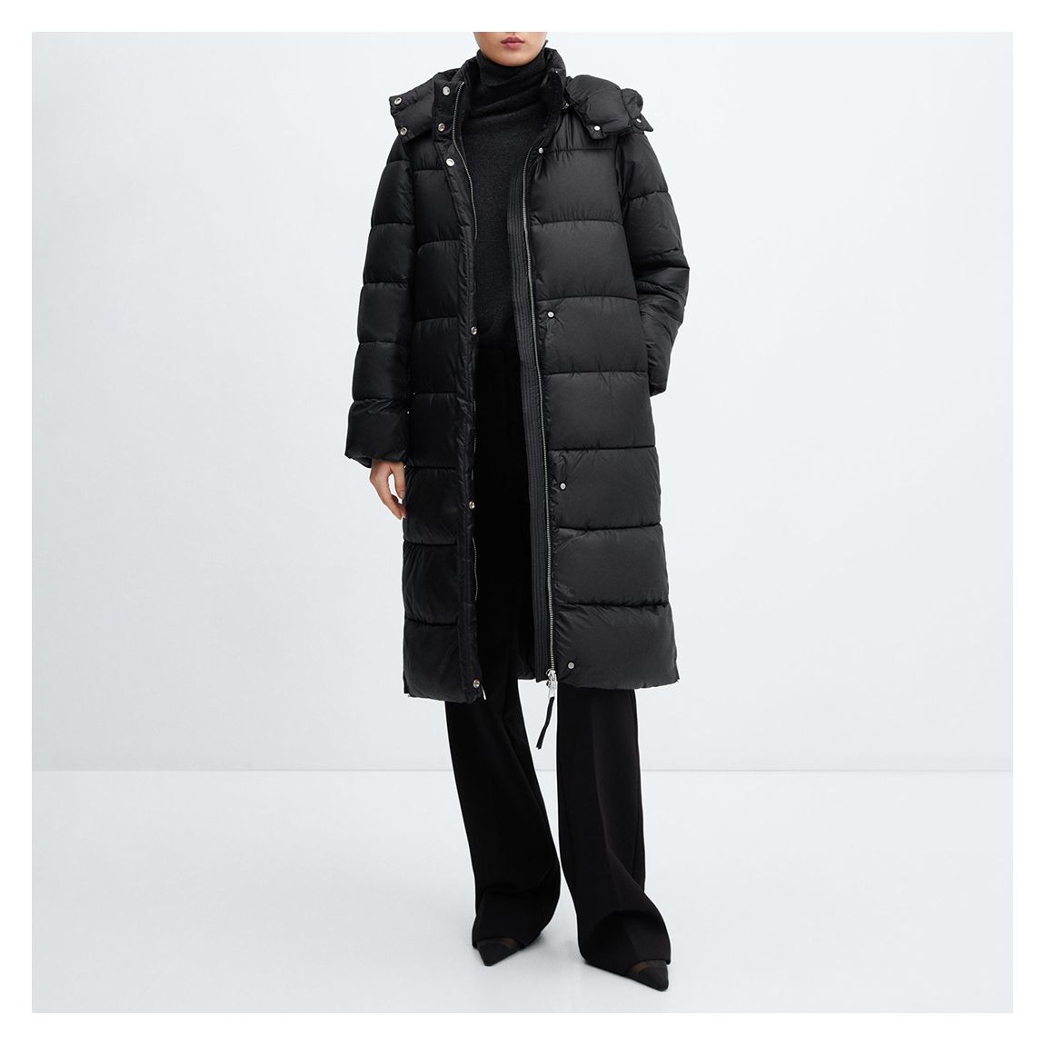 Black Hooded Water-Repellent Quilted Coat main product photo