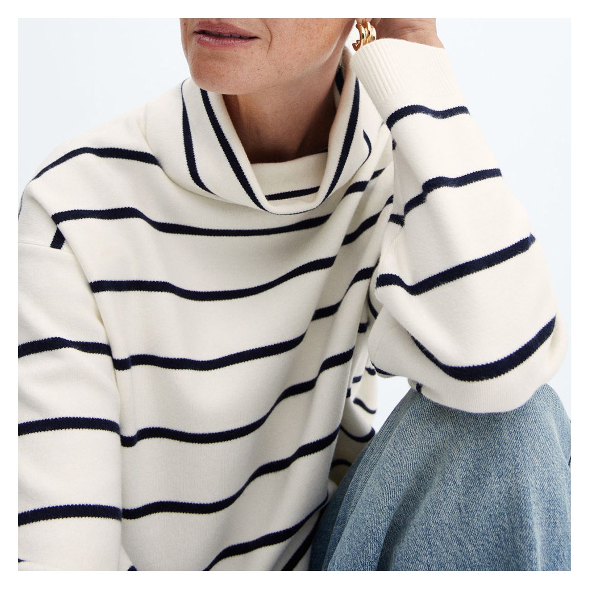 Ecru Striped Oversized High Neck Jumper main product photo