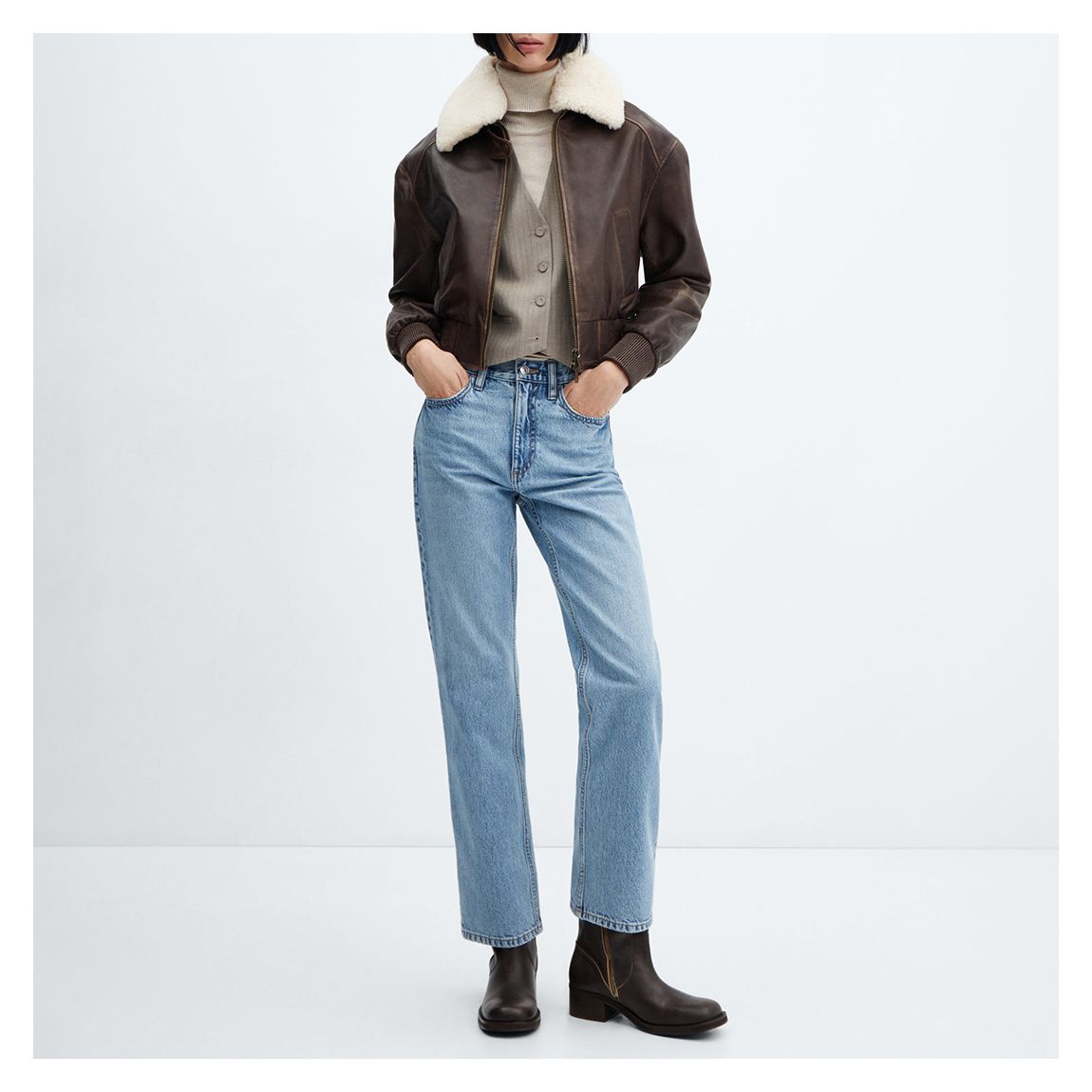 Brown Leather Bomber Jacket With Shearling Collar main product photo