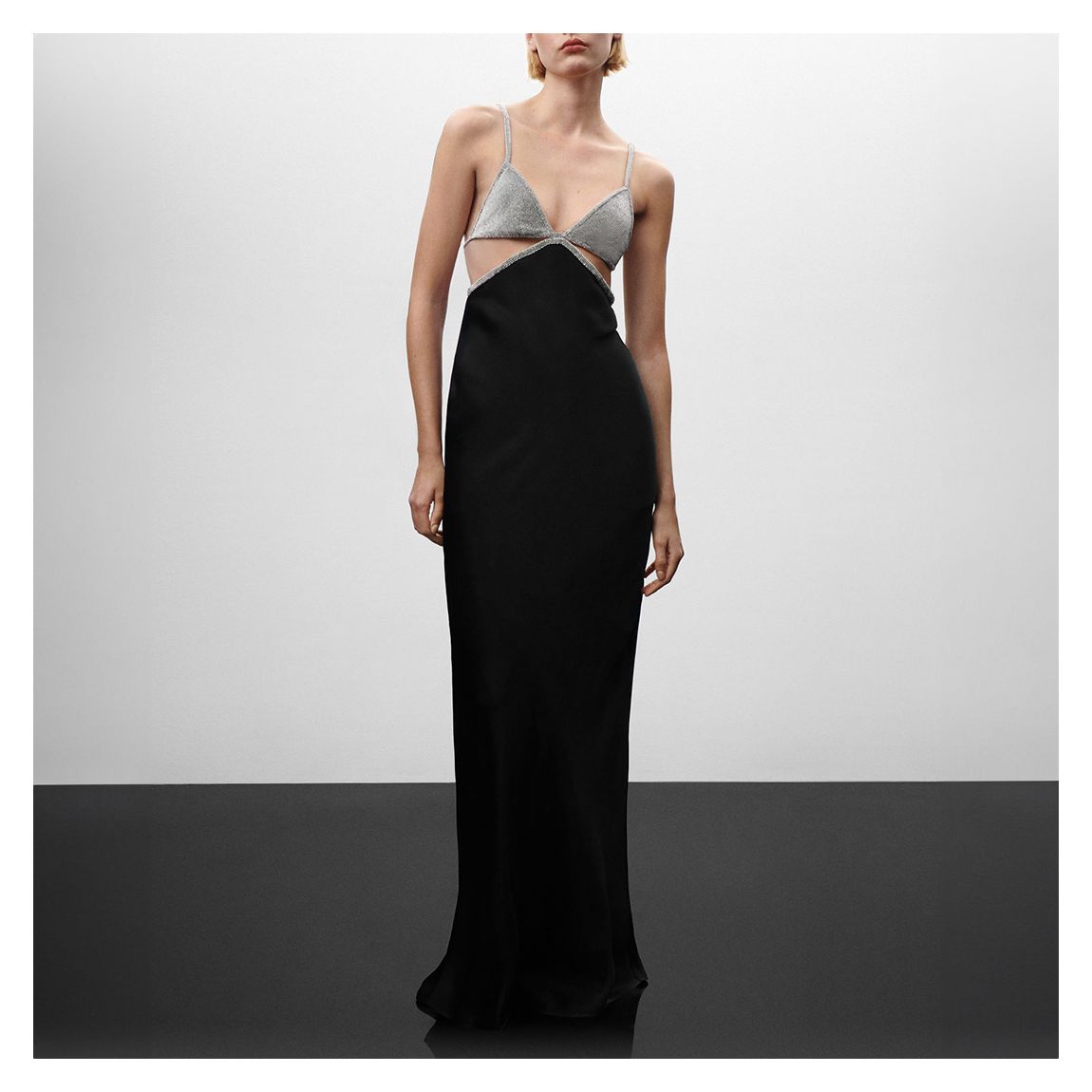 Black Satin Dress With Rhinestone Body main product photo