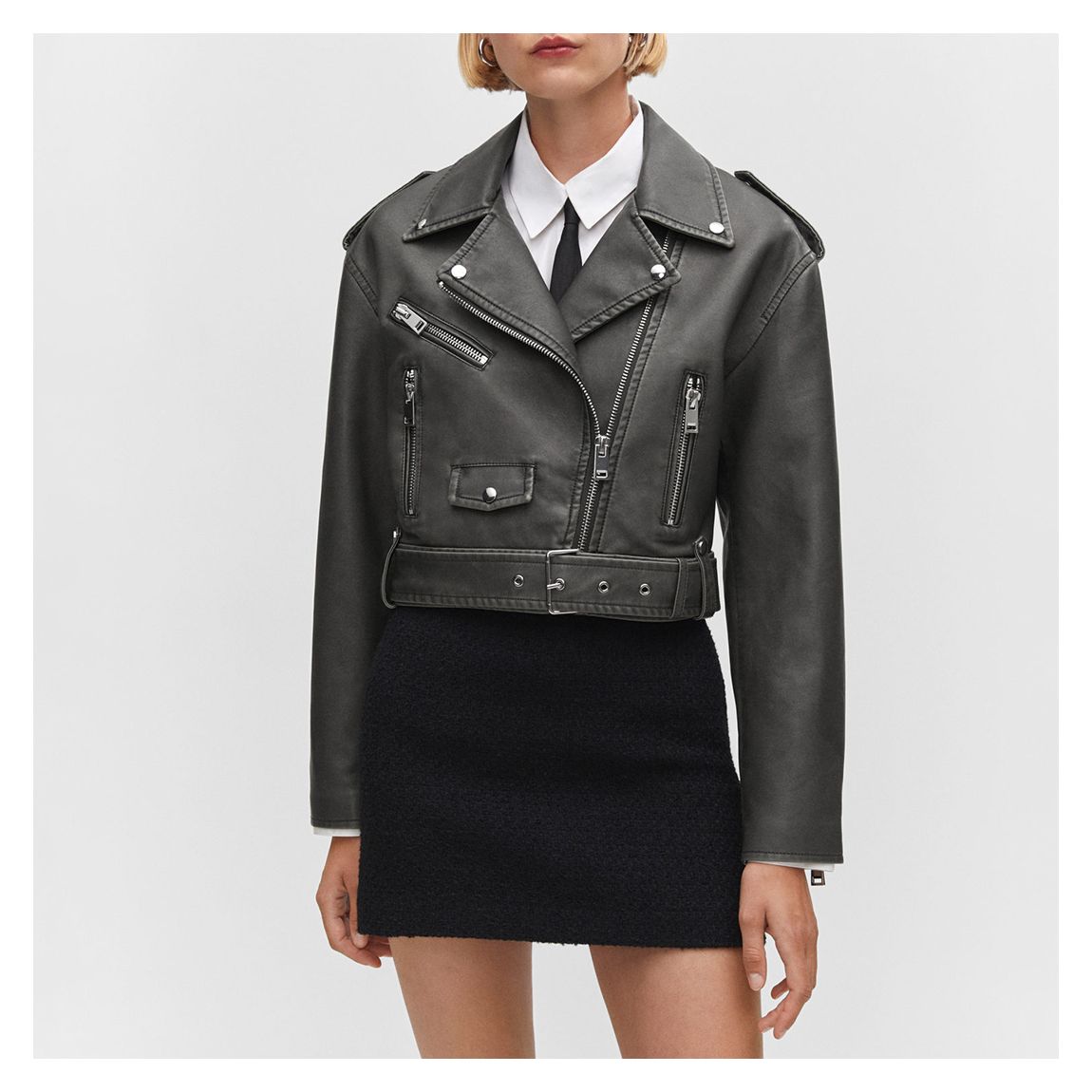 Black Distressed-Effect Biker Jacket main product photo