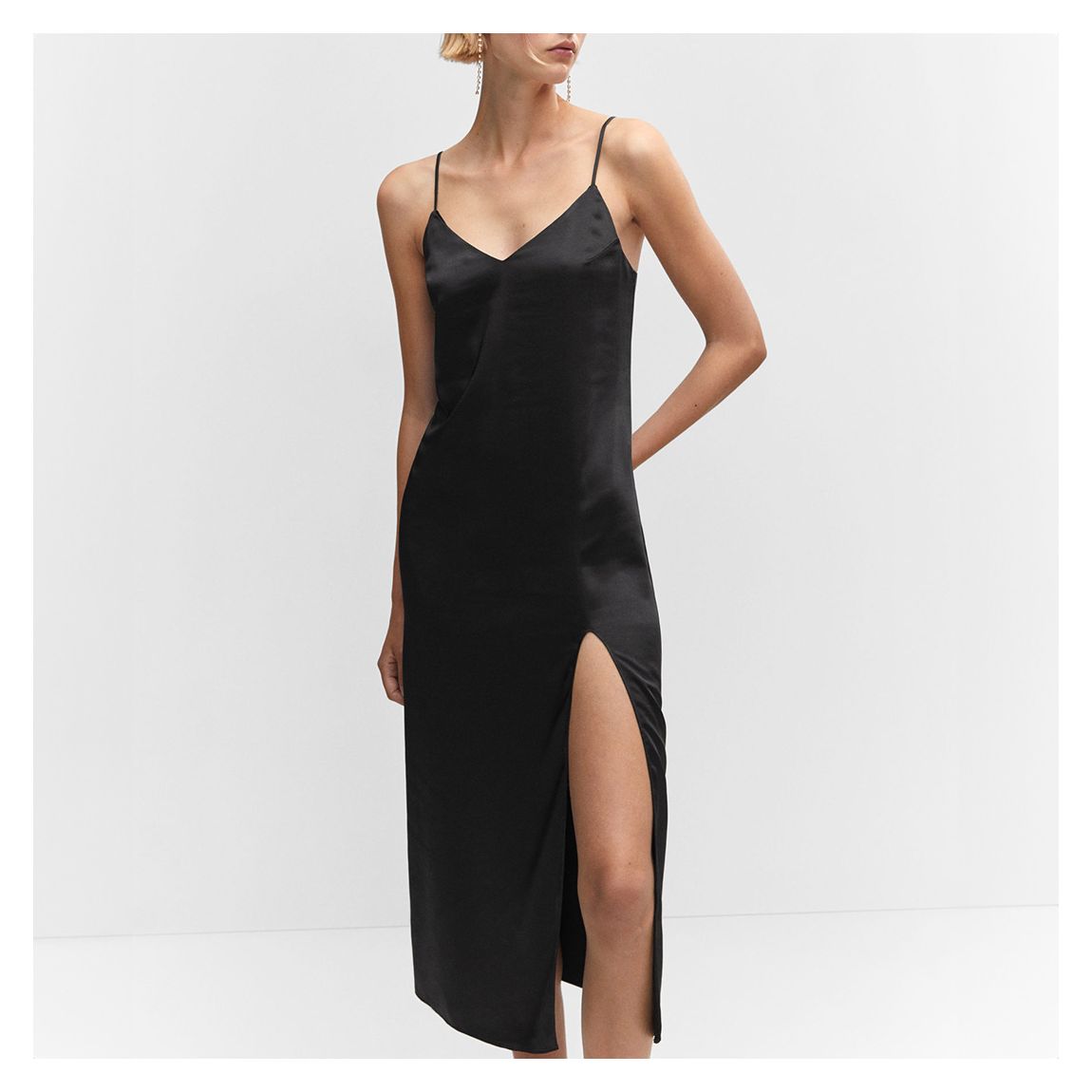 Black Side-Split Satin Dress main product photo