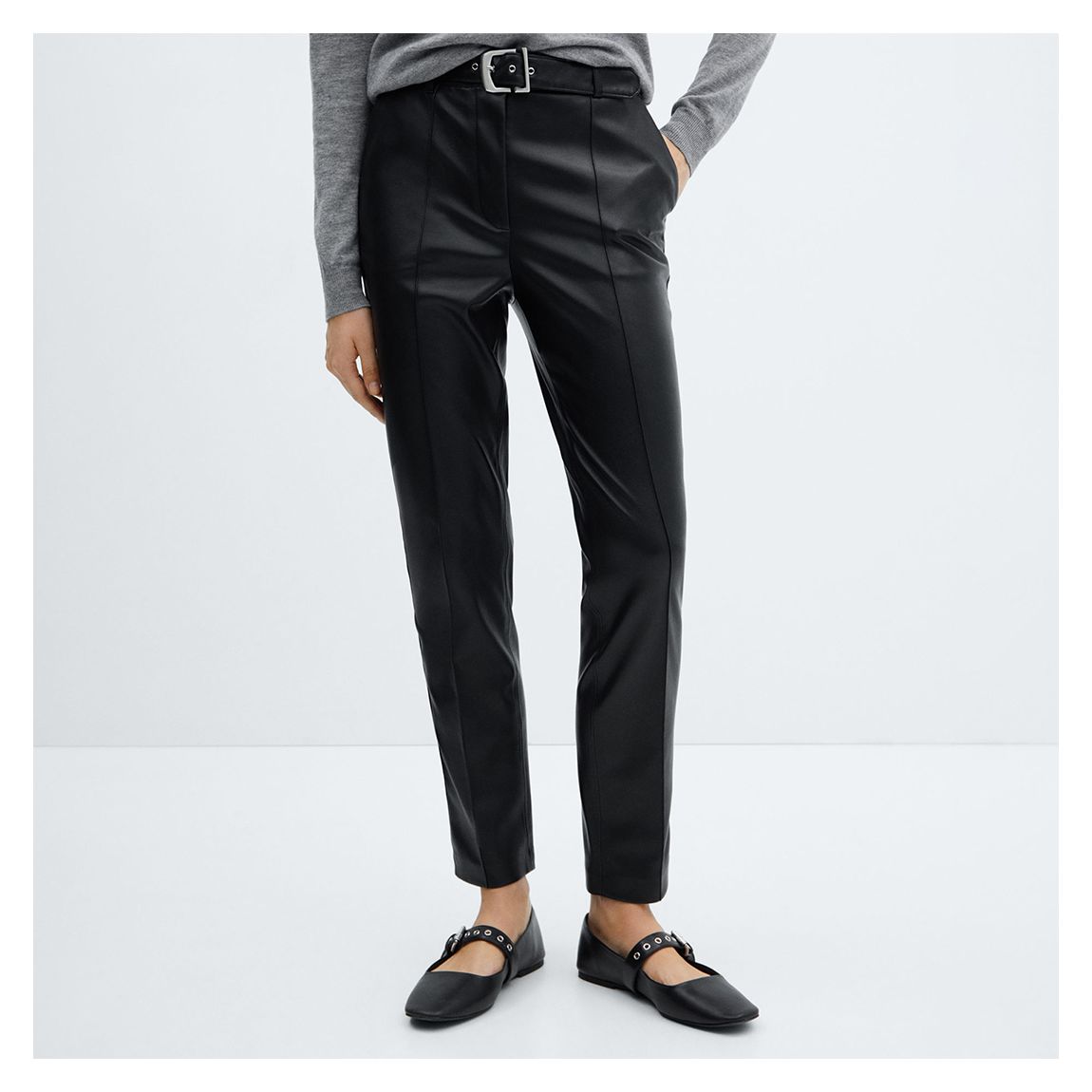 Black Leather Effect Belted Trousers main product photo