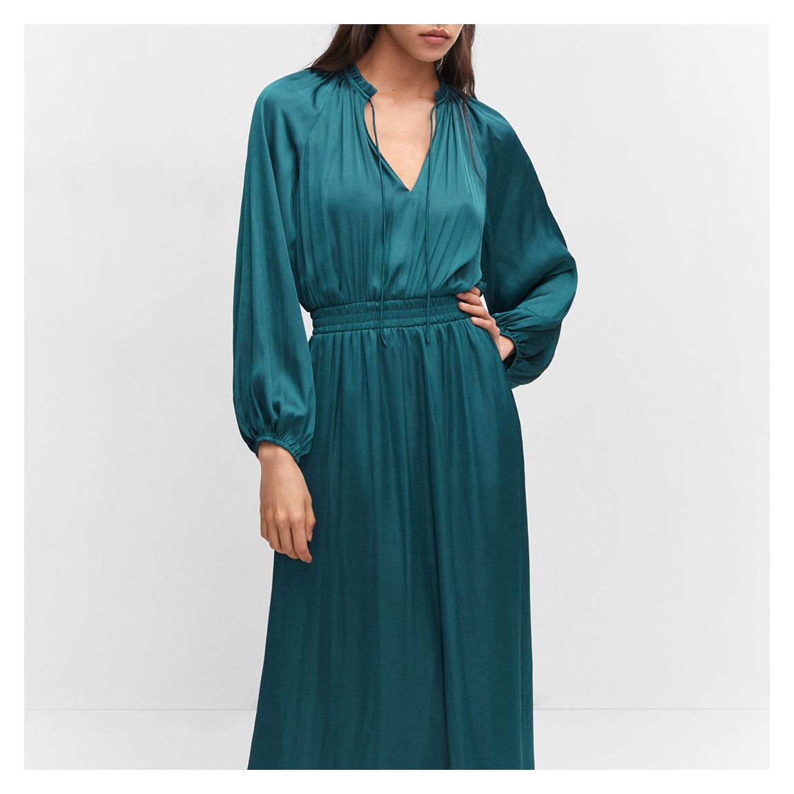 Petrol Blue Puffed Sleeves Satin Dress main product photo
