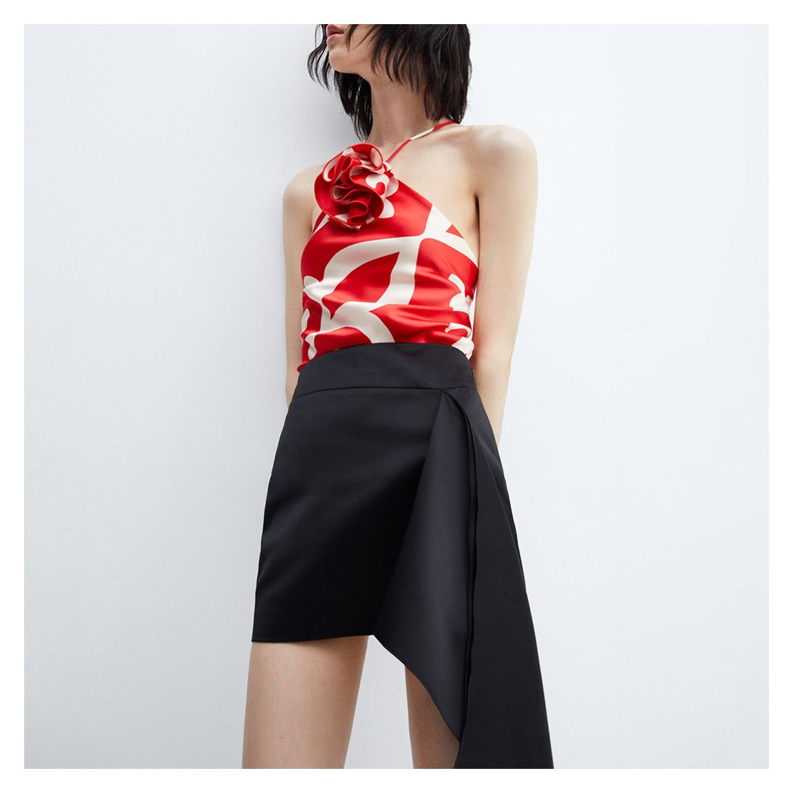Red Satin Top With Decorative Flower Print main product photo