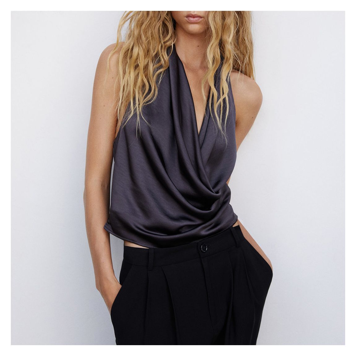 Grey Wrap Blouse With Open Back main product photo
