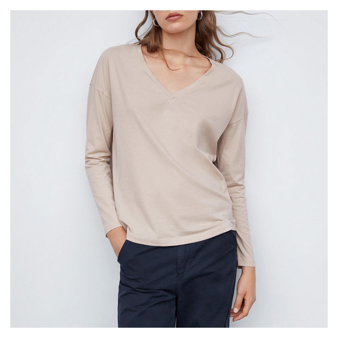 Beige V-Neck Cotton T-Shirt main product photo