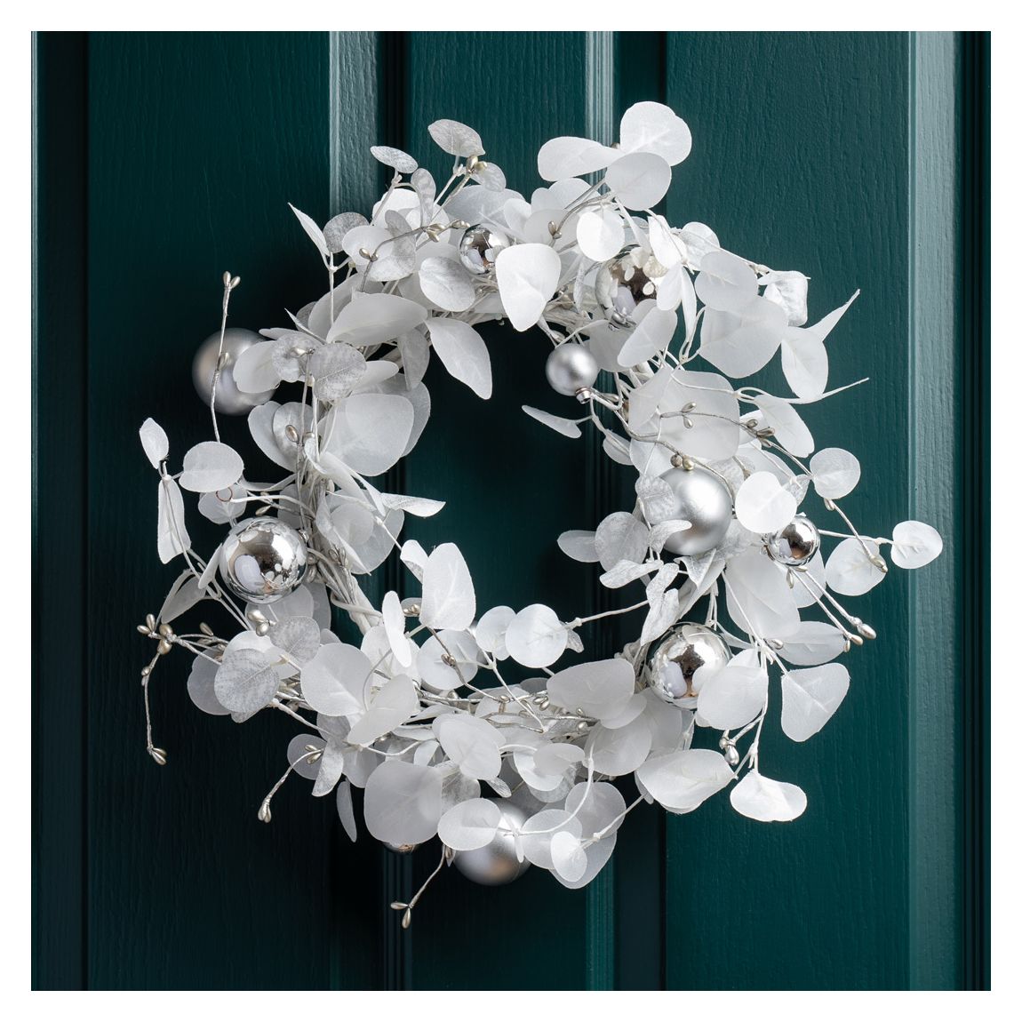 45cm White Eucalyptus & Bauble Wreath main product photo