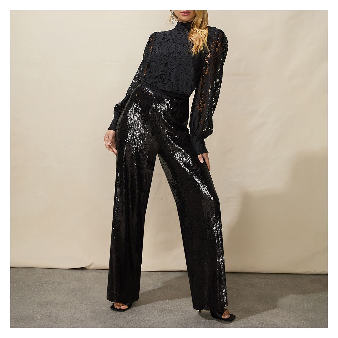Black Liquid Sequin Wide Leg Trouser main product photo