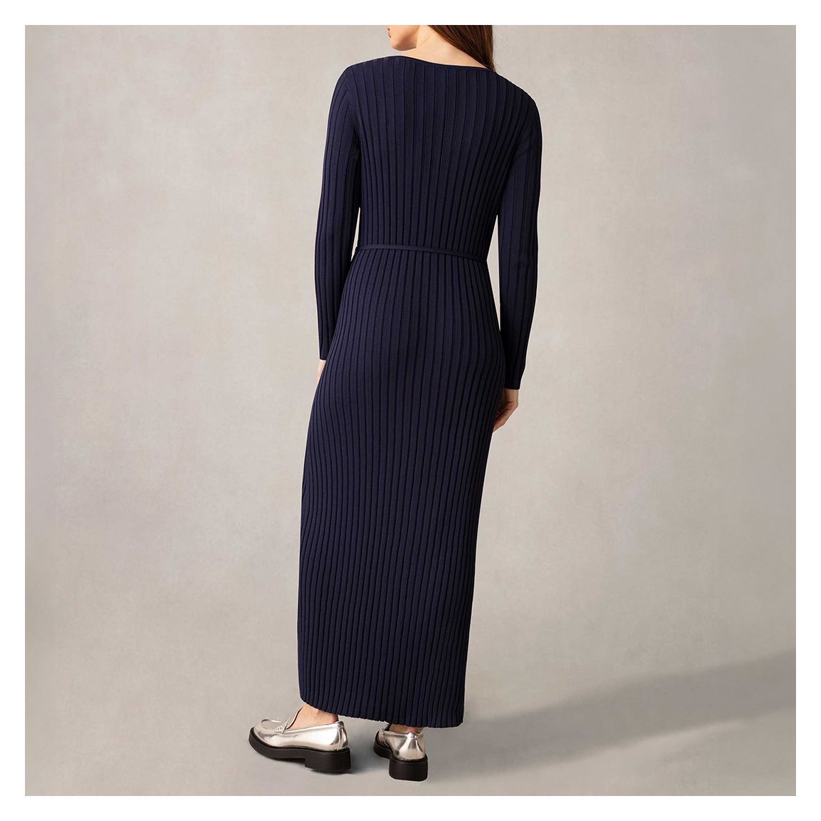 Navy Wide Rib Knit V Neck Dress main product photo