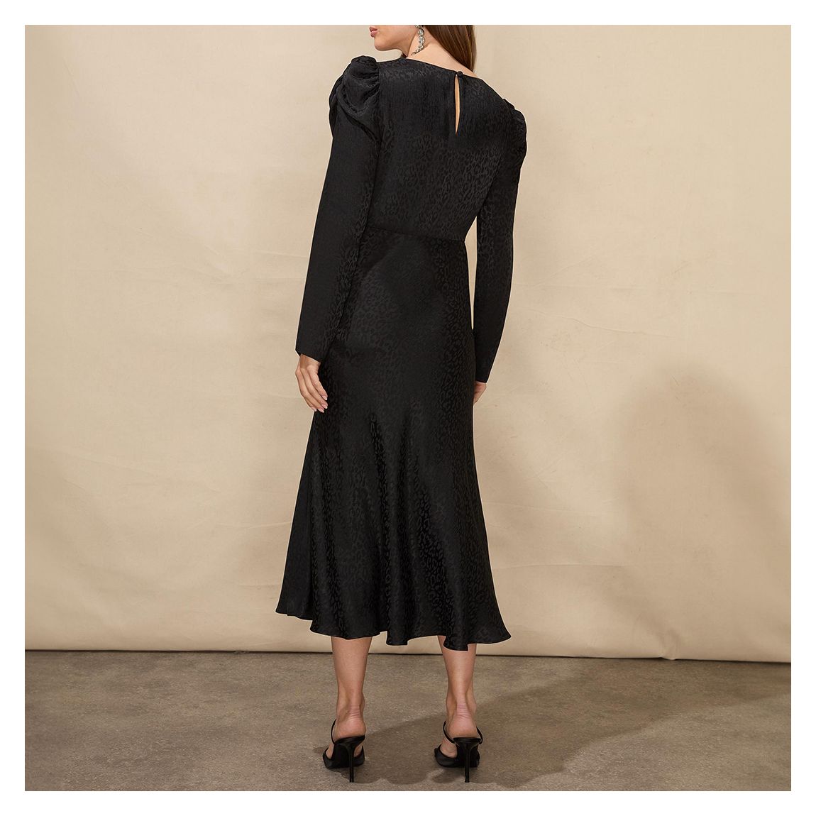 Black Satin Jacquard Puff Sleeve Dress main product photo
