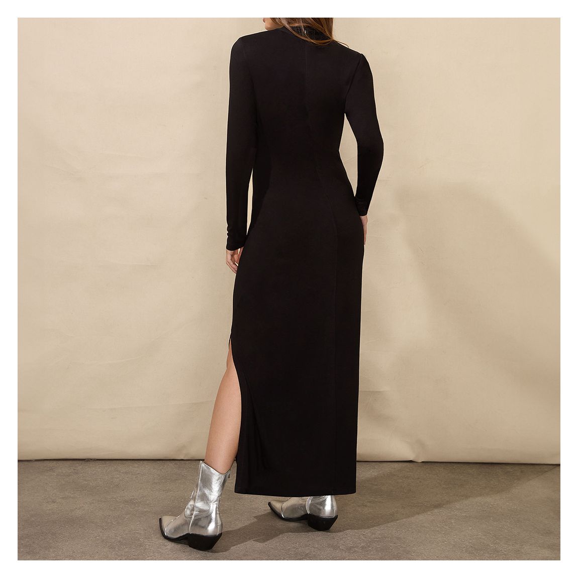 Black High Neck Split Leg Jersey Dress main product photo