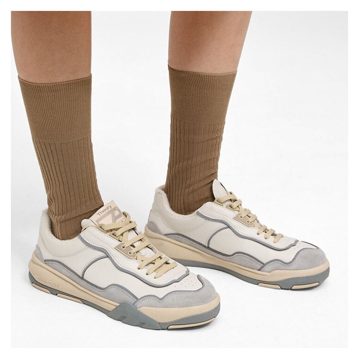 Beige Contrast Lace-Up Leather Trainers main product photo