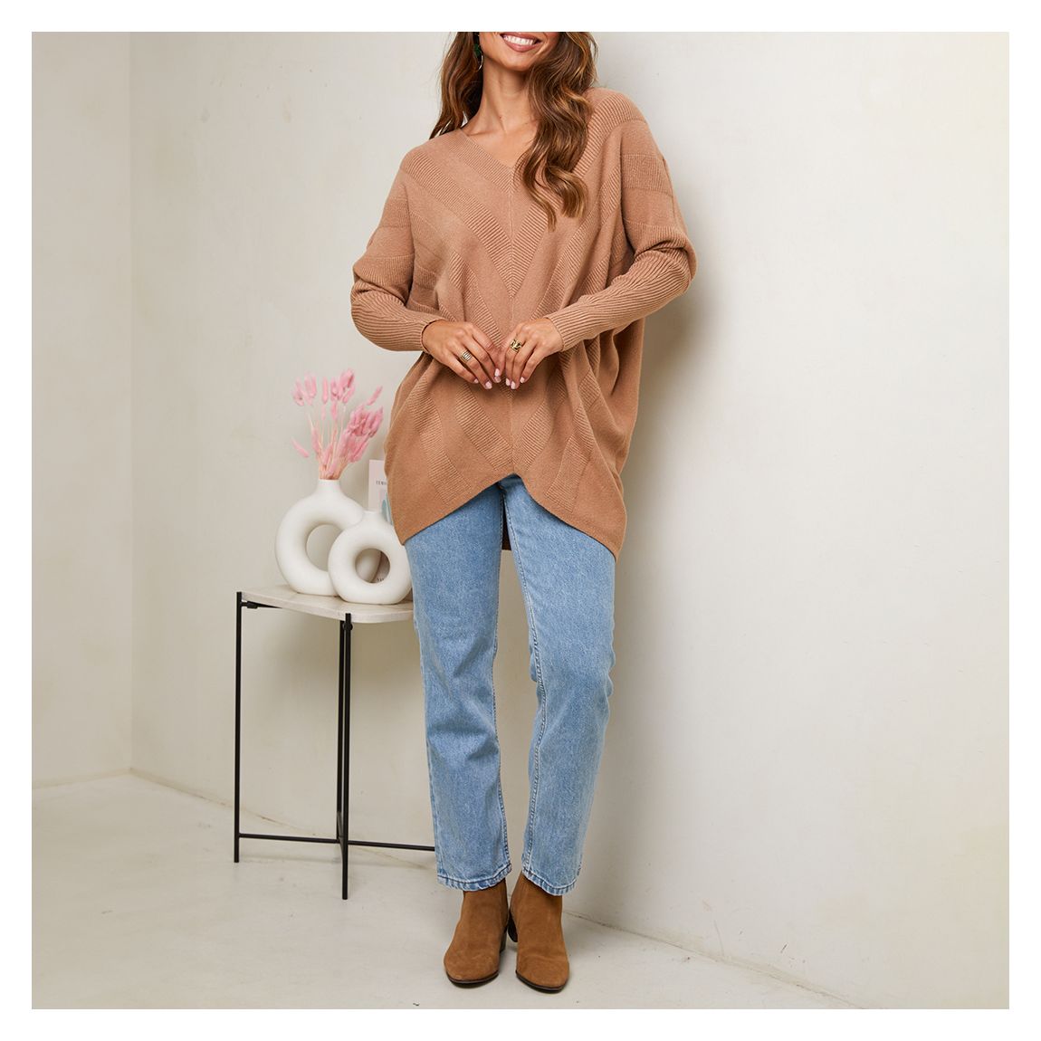 Camel Cashmere Blend Oversized V-Neck Jumper main product photo
