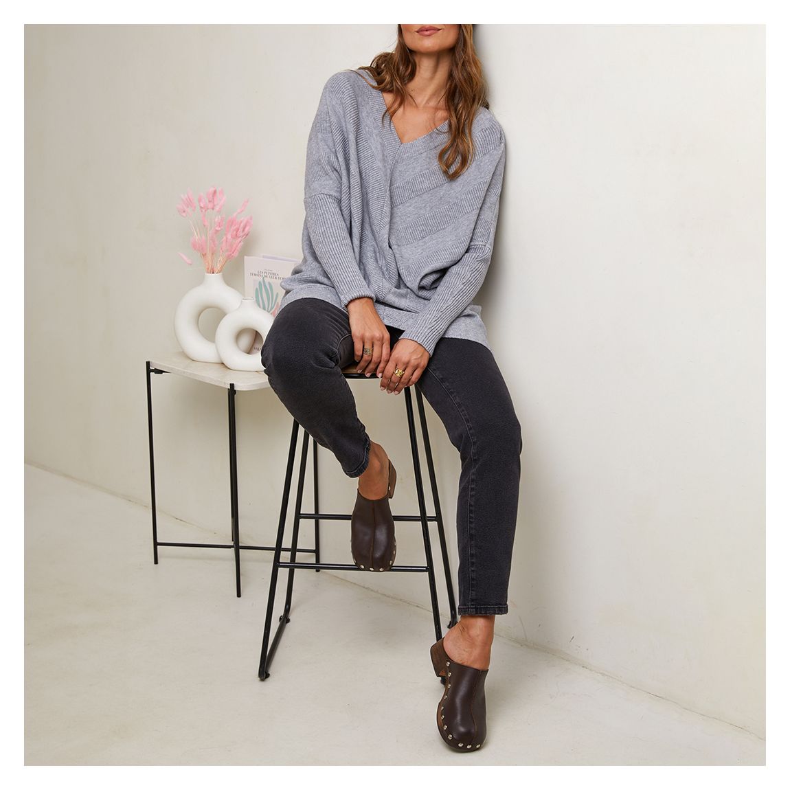 Grey Cashmere Blend Oversized V-Neck Jumper main product photo