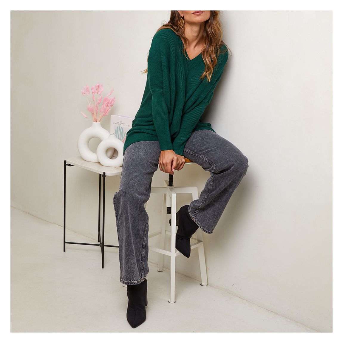 Green Cashmere Blend Oversized V-Neck Jumper main product photo