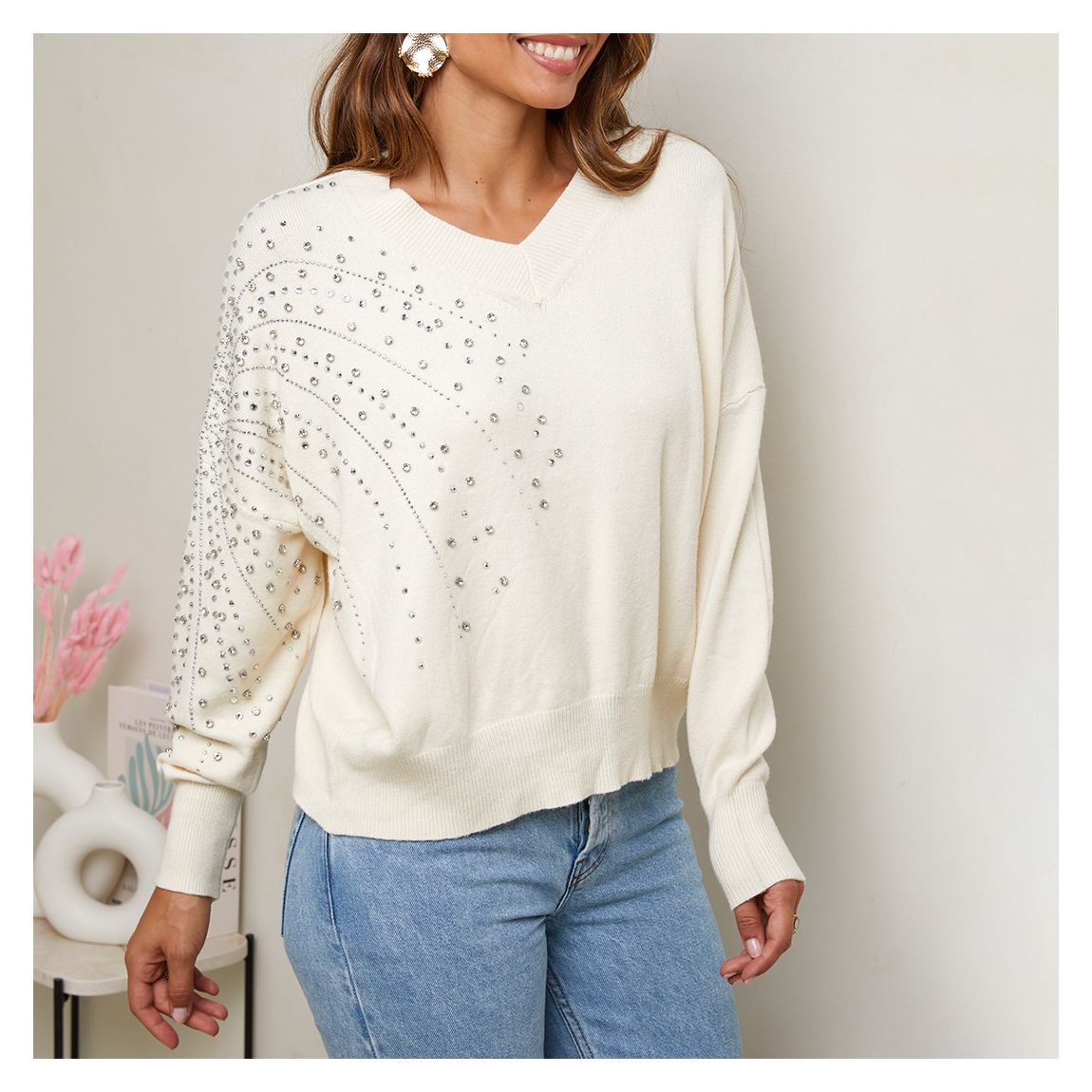 Beige Cashmere Blend V-Neck Embellished Jumper main product photo
