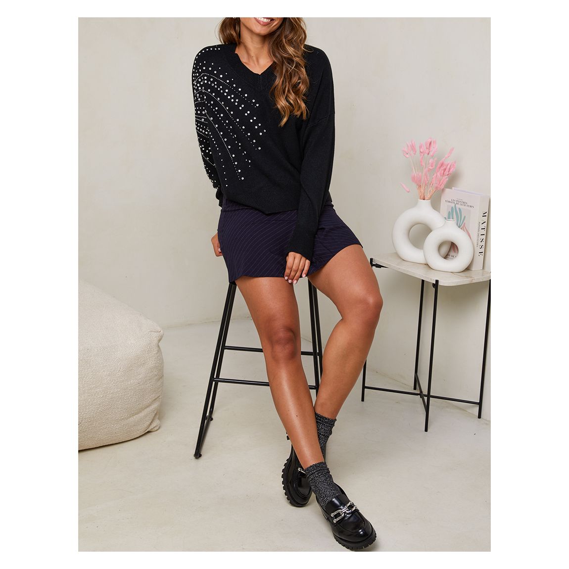 Black Cashmere Blend V-Neck Embellished Jumper main product photo